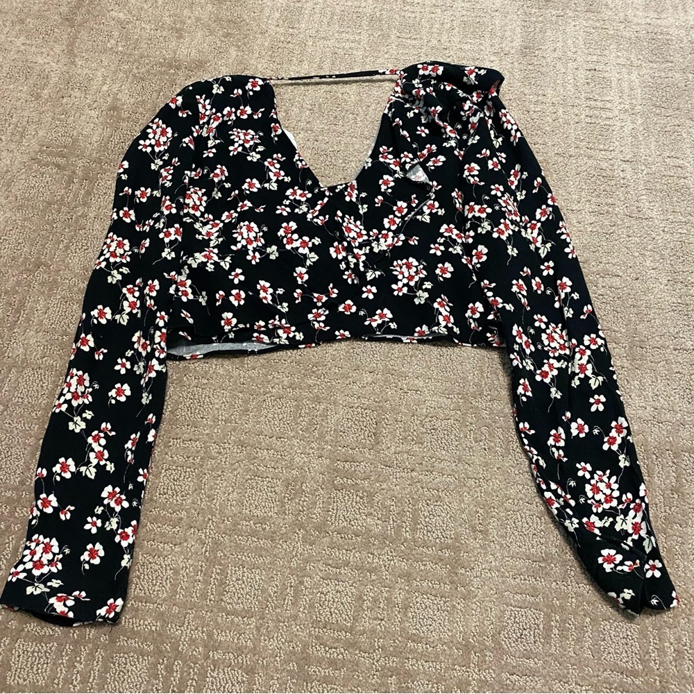 {Zara} Floral Ruffle Long Sleeve Crop Top Blouse~ Size Small - Picture 5 of 16